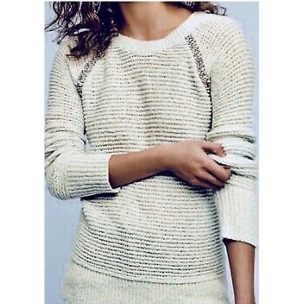 Anthropologie Sleeping On Snow Light Blue Rhinestone Sweater Top, size medium